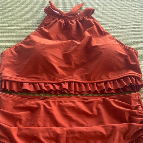 rust orange colored 2 piece bikini with ruffles halter top full coverage bottom - Picture 8 of 10